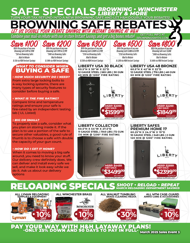 March 2025 Sales Event from H&H, Featuring Browning and Winchester Safes and Reloading Supplies
