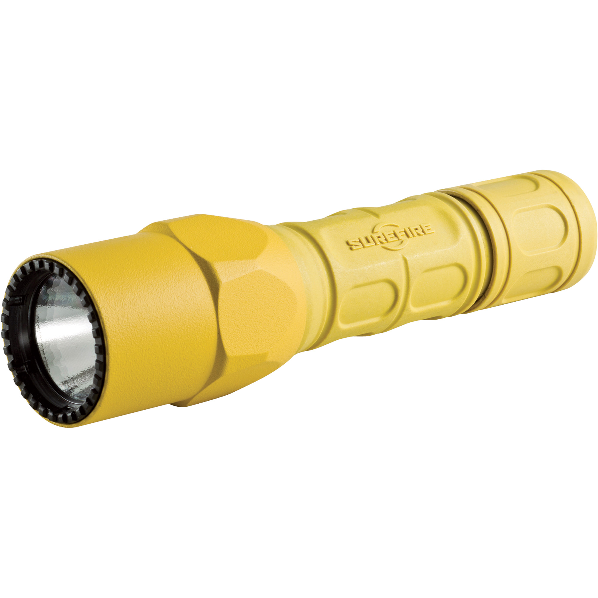 Yellow SureFire flashlight with textured grip and black lens bezel on white background