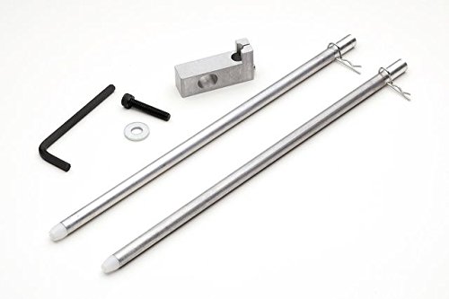 Gun vise kit including two silver rods, mounting block, Allen wrench, and hardware