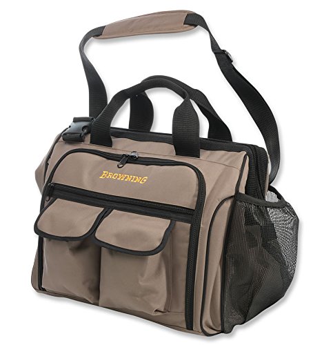 Browning shooting range bag in brown with multiple pockets and a black shoulder strap