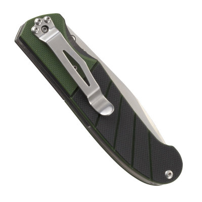 Folding pocket knife with green and black textured handle and stainless steel clip