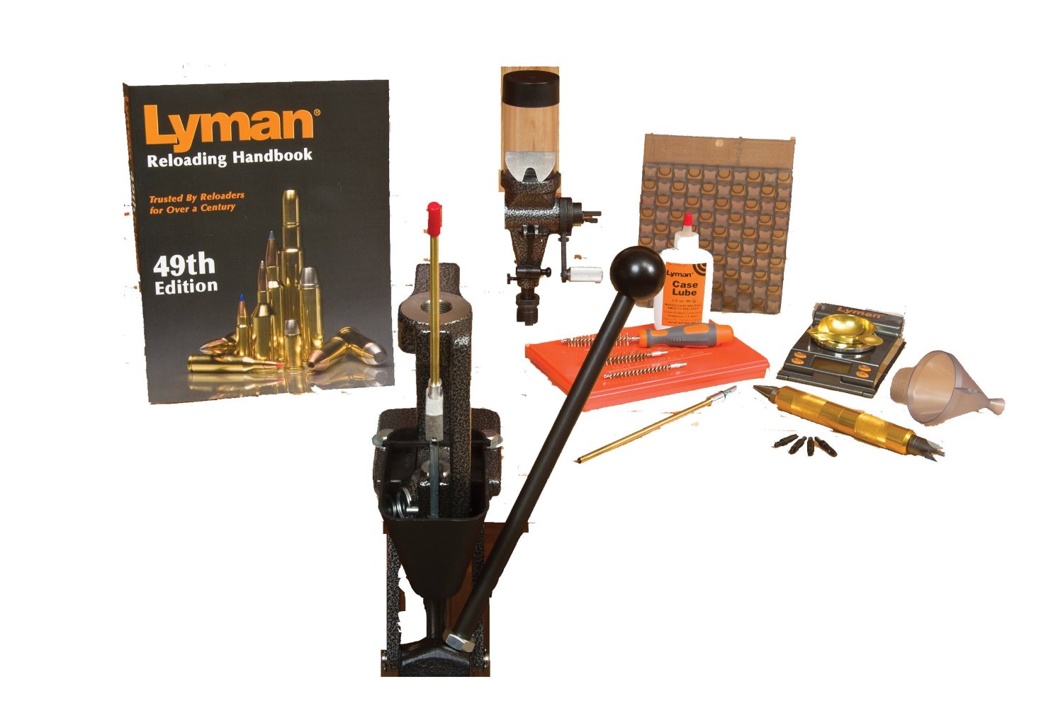 Lyman reloading kit featuring press, case lube, powder measure, and reloading handbook