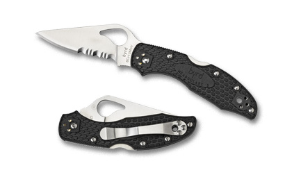 Spyderco Byrd folding knife with partially serrated blade and black textured handle