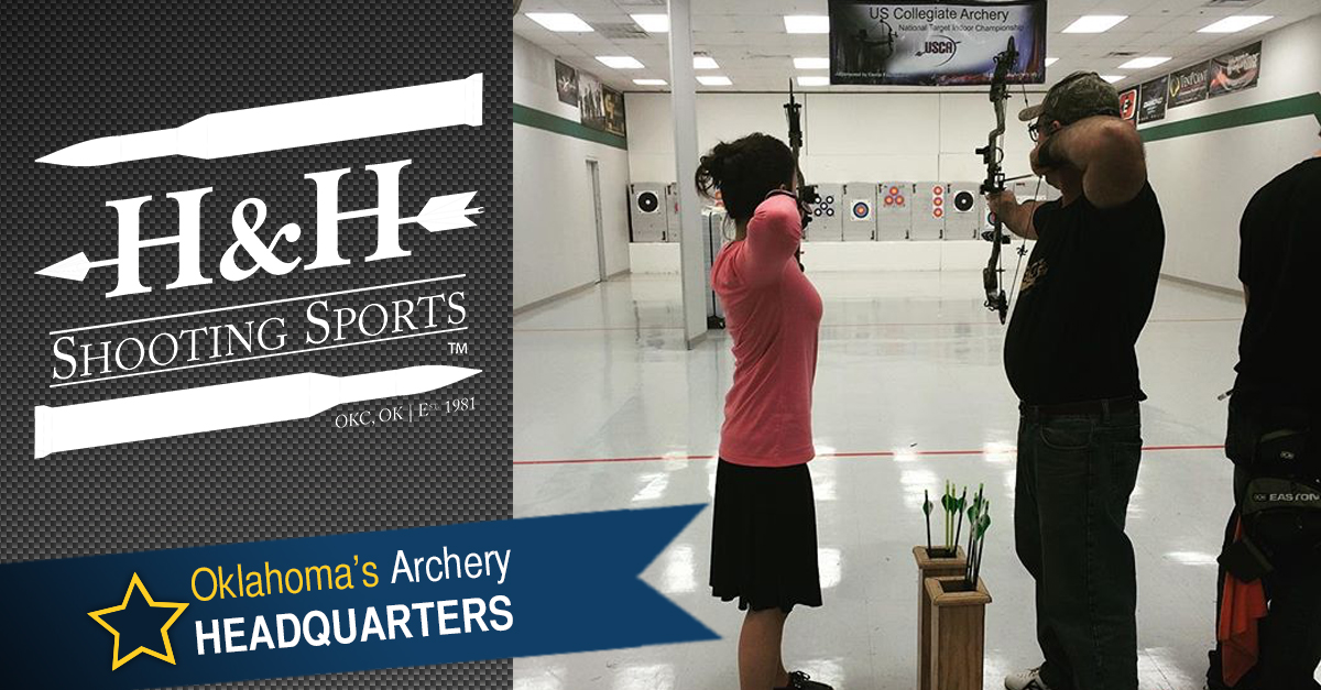 A woman and a man practising archery at H&H Shooting Sports in Oklahoma City