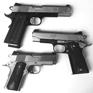 These choices are pretty simple. They are all aluminum frame pistols with barrel lengths of (top to bottom) 5, 4 and 3 inches. 