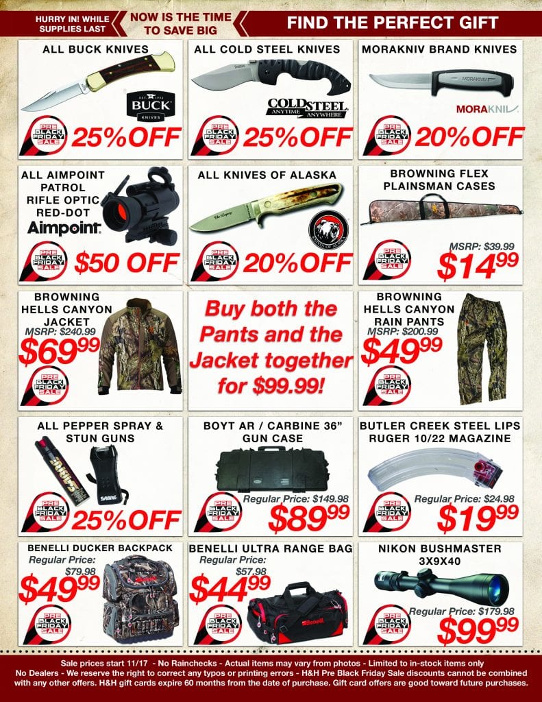 H&H Shooting Sports sale flyer featuring knives, optics, jackets, and gun accessories