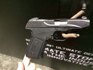 Detailed close view of Remington R51 firearm on display during SHOT Show 2014 