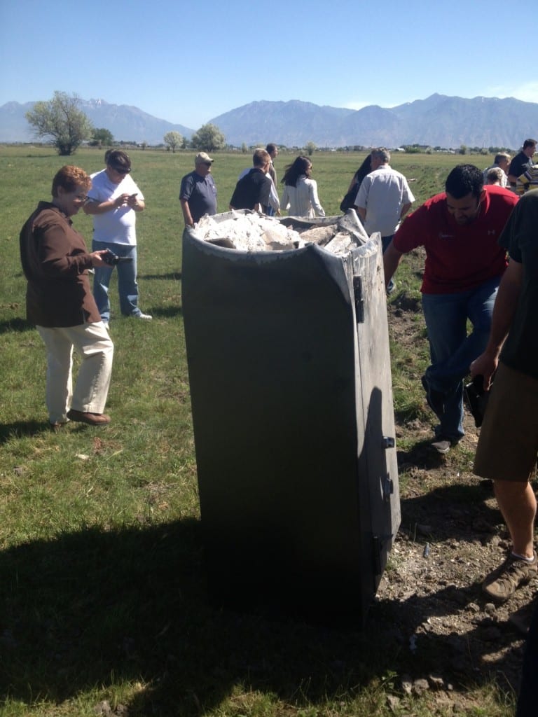 Damaged Liberty Safe after torture test at HH Shooting Sports outdoor range