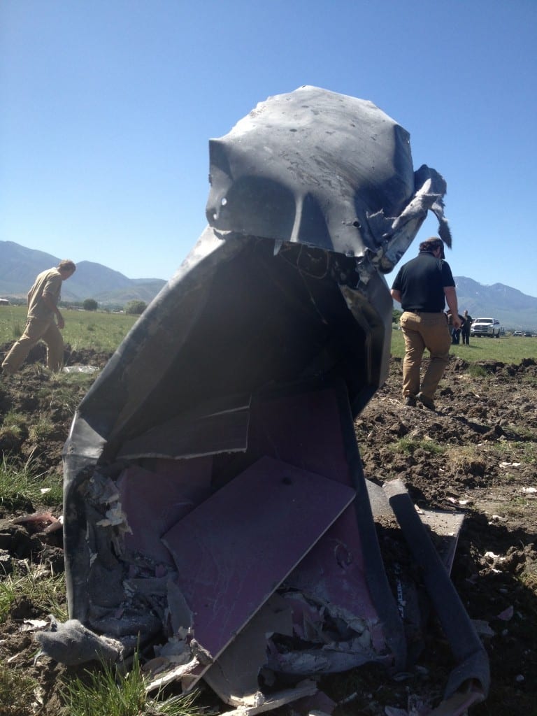 Severely damaged Liberty Safe after explosion test at HH Shooting Sports range