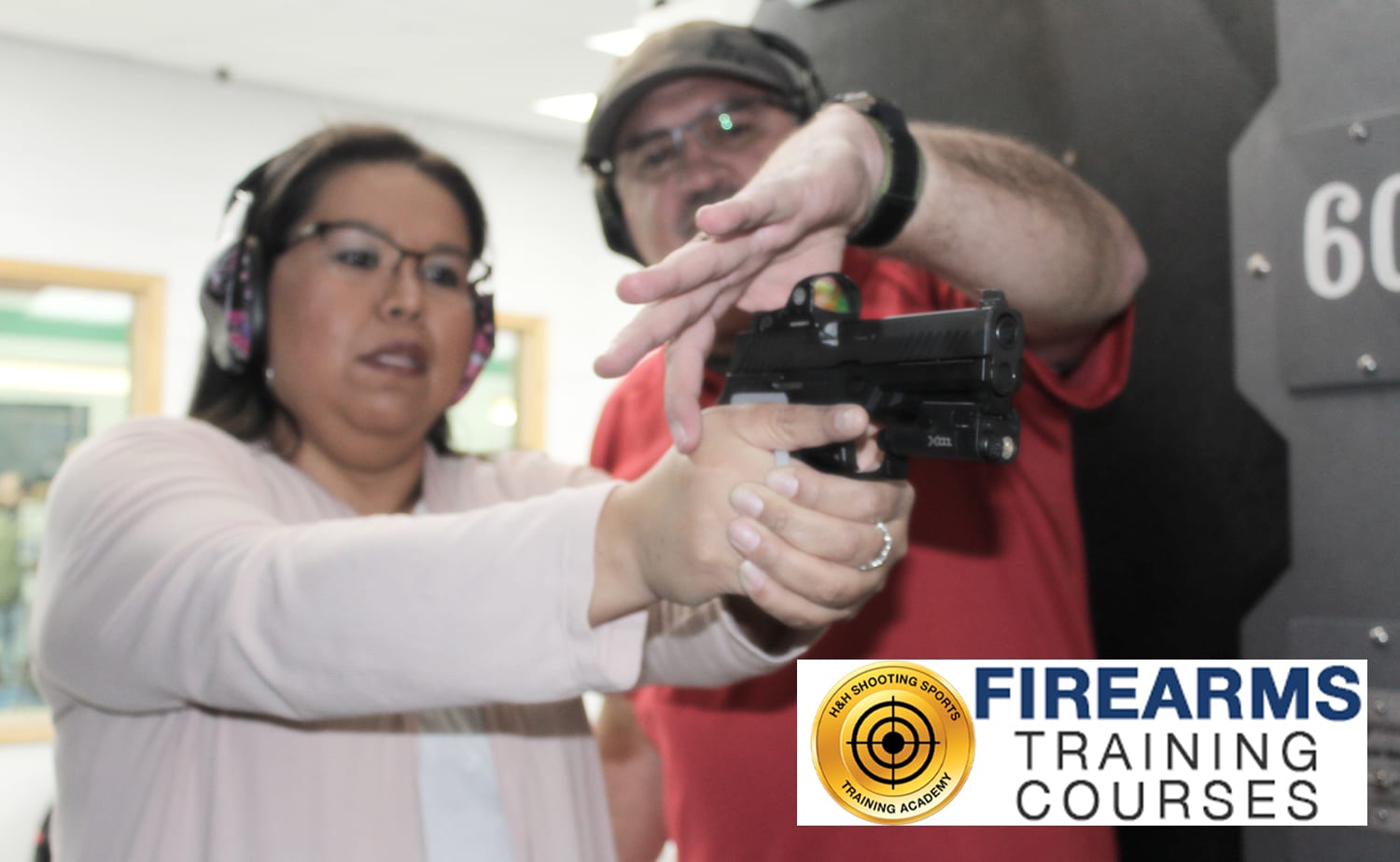 A professional firearms training session, likely an introductory course for beginners