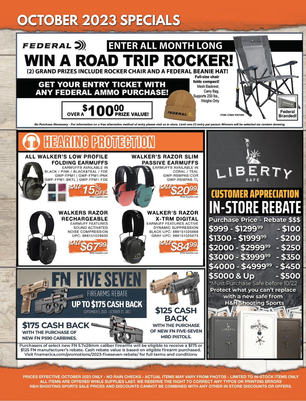 Retail sales flyer for H&H Shooting Sports in Oklahoma City, valid from October 1st 2023 to October 31st 2023