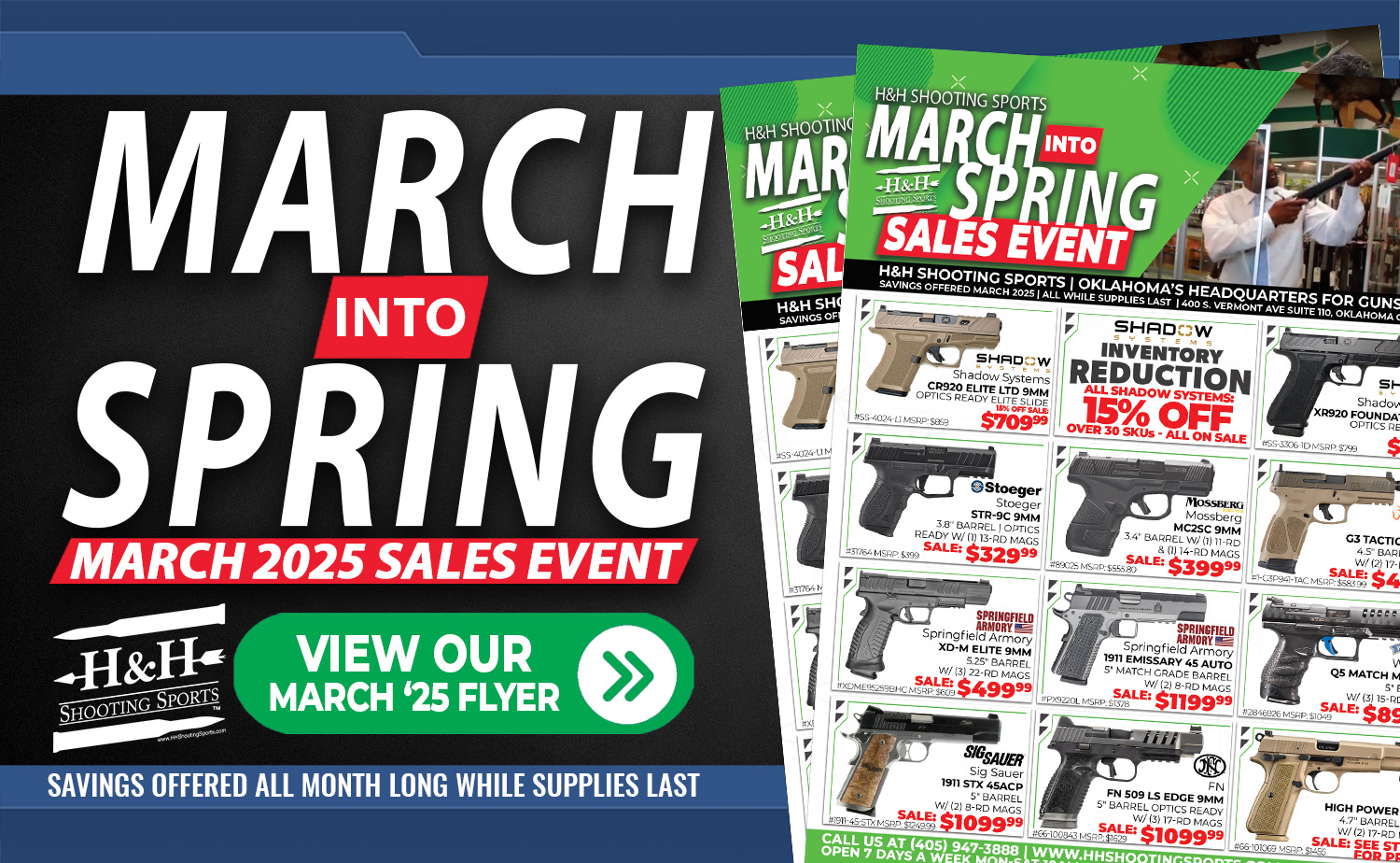 Banner promoting March 2025 Sales Event at H&H Shooting Sports in Oklahoma City.