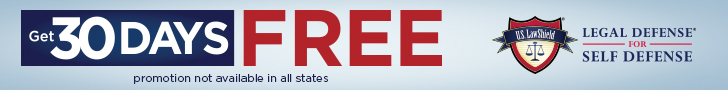 Promotional banner for U.S. LawShield, a legal defense program for self-defense incidents